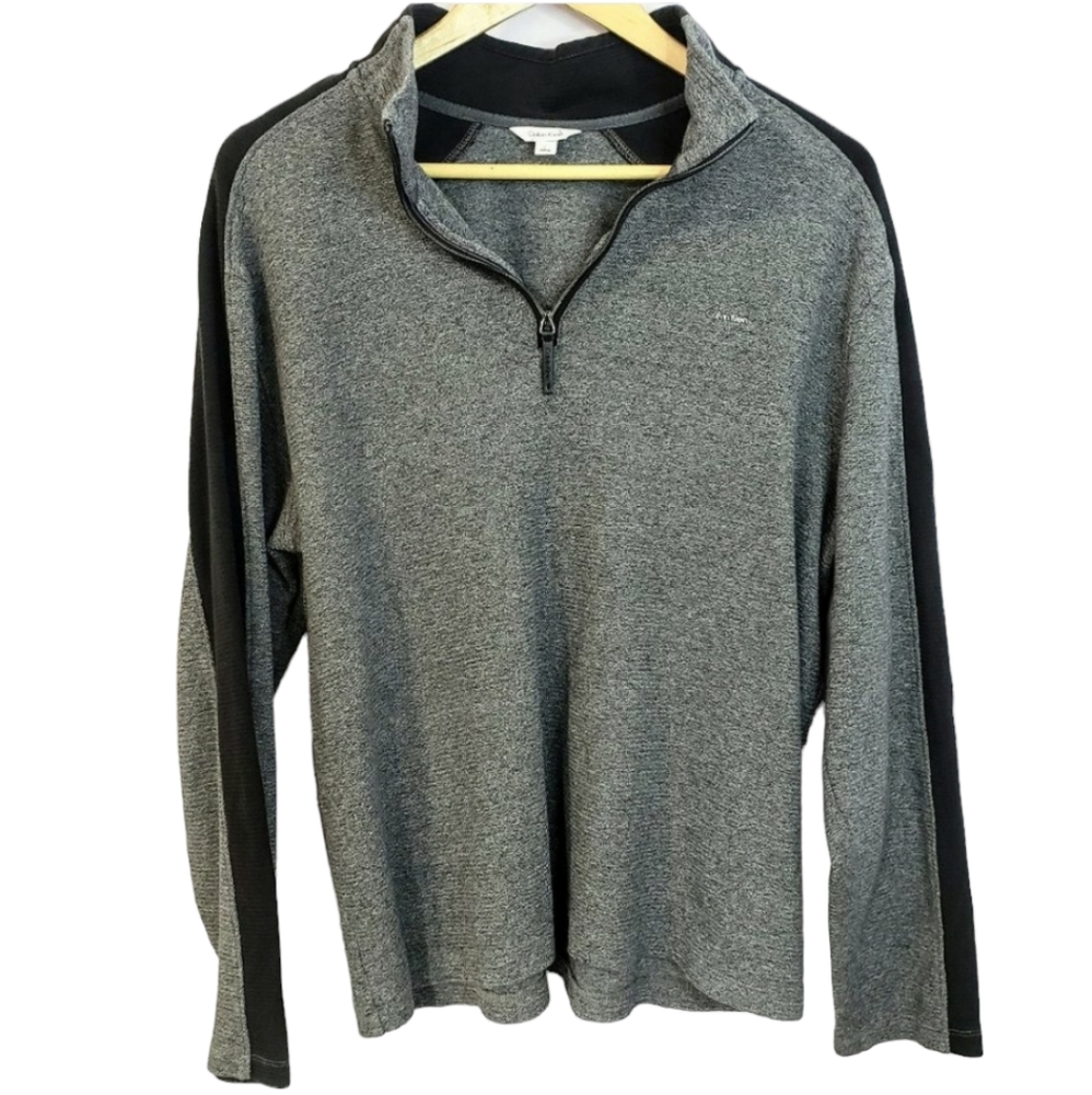 Calvin Klein 100% Cotton Quarter Zip Sweater Gray with Black Arm Stripes Size L